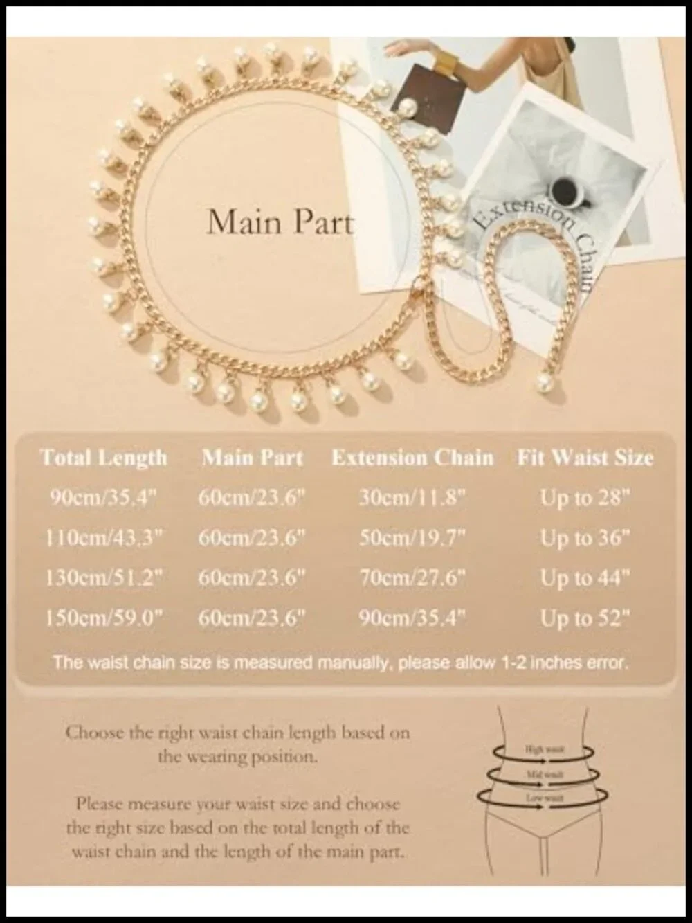 Pearl Waist Chain Belt Adjustable Gold Body Link for Dresses Jeans